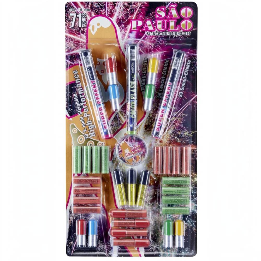 id-paintball Umarex Sao Paulo 15mm Signalmunition Set mit 71 verschiedenen Pyro-Effekten in Blisterverpackung