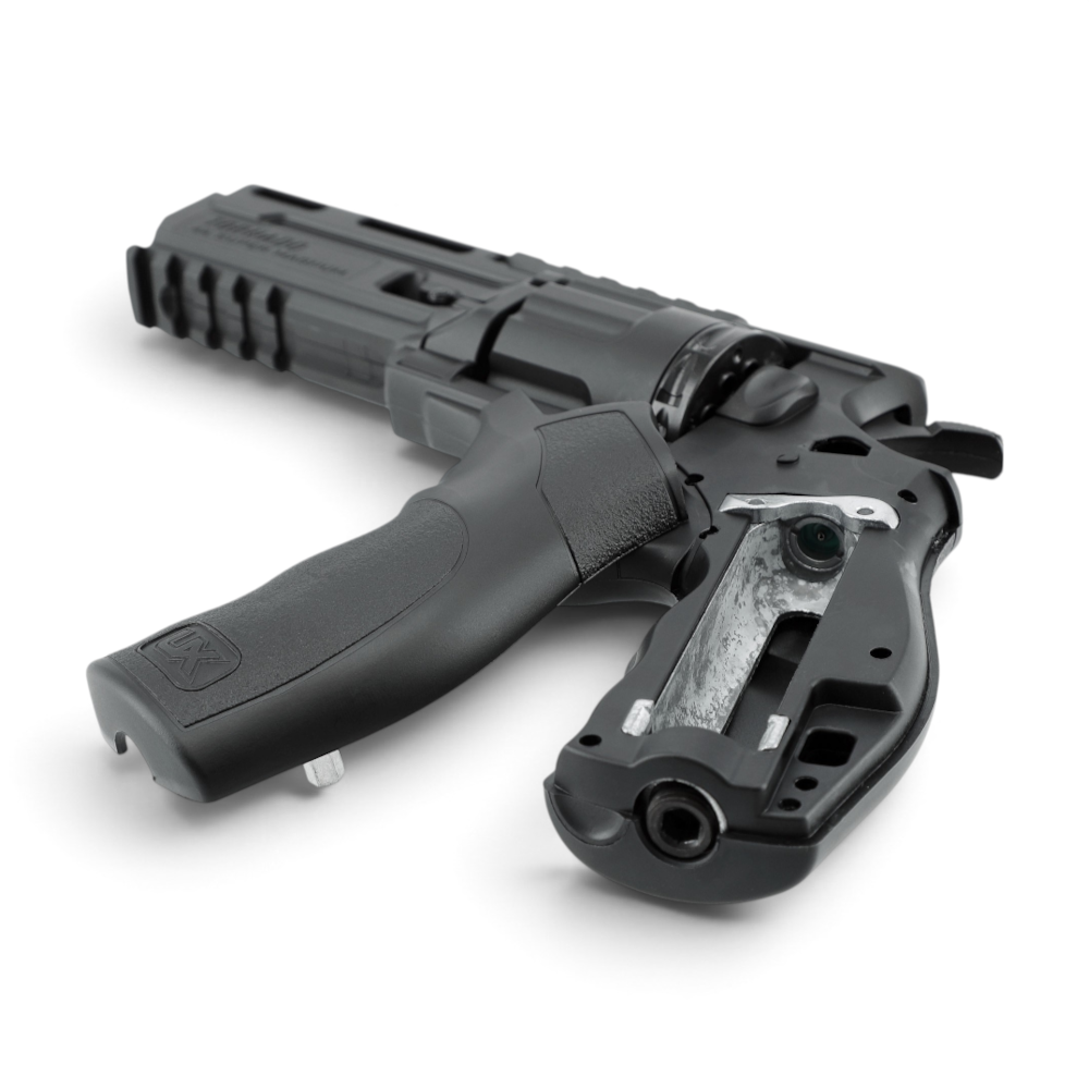 id-paintball Umarex UX Tornado CO2 Revolver mit geöffnetem Griffstück für den Wechsel der 12g CO2-Kapsel