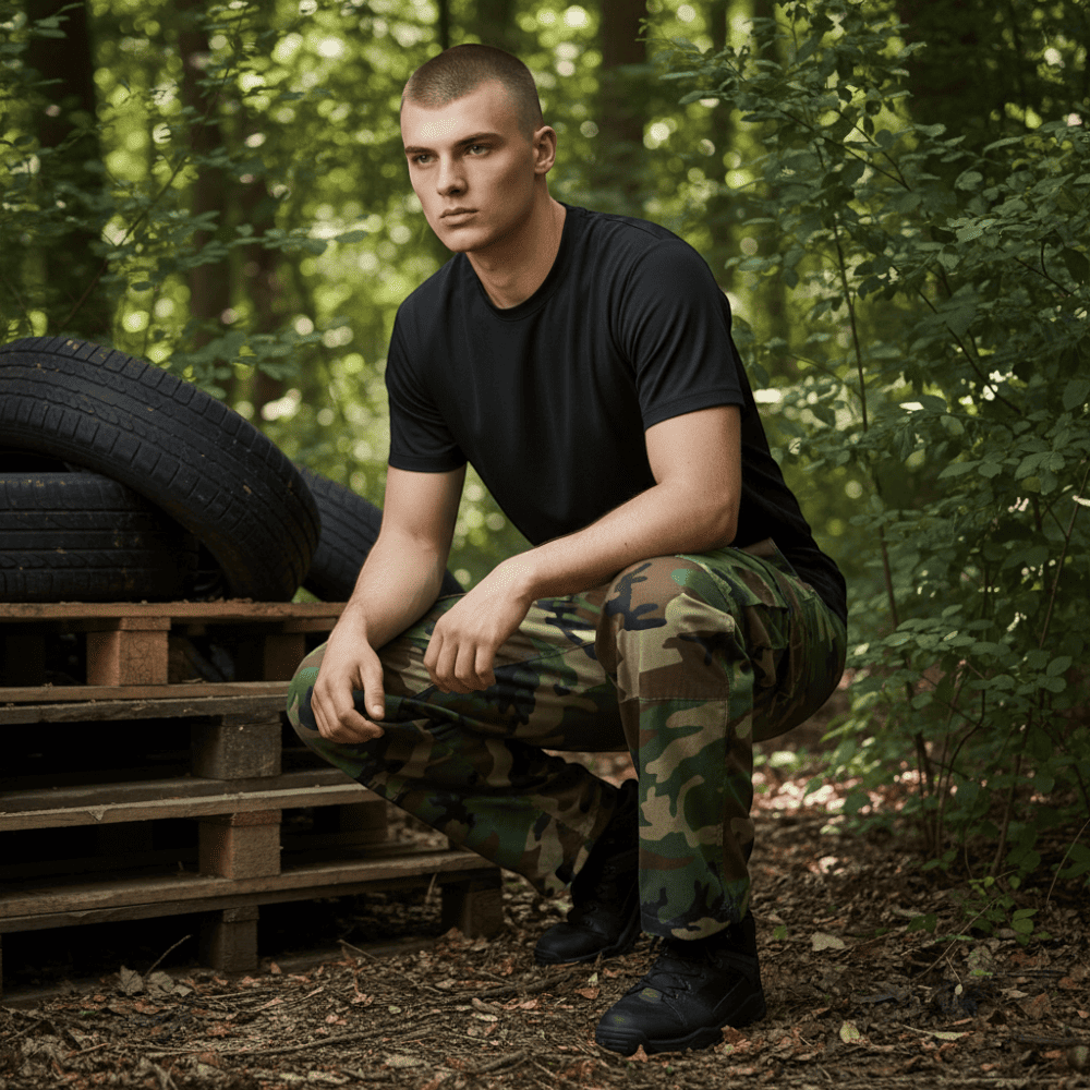 id-paintball US BDU Ripstop Kampfhose in Woodland-Camouflage, getragen von einem Mann im Wald bei Outdoor-Aktivitäten