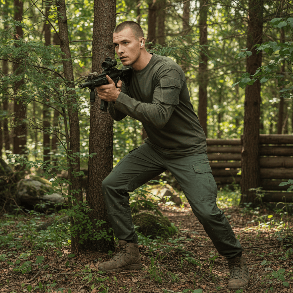 id-paintball US Langarmshirt in Oliv mit Ärmeltaschen aus Baumwolle, getragen von einem Mann im Wald beim Training