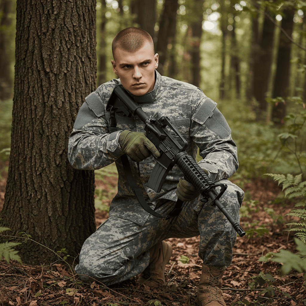 id-paintball US Uniform Feldjacke in ACU Camo Ripstop Baumwolle mit taktischem Gewehr im Wald