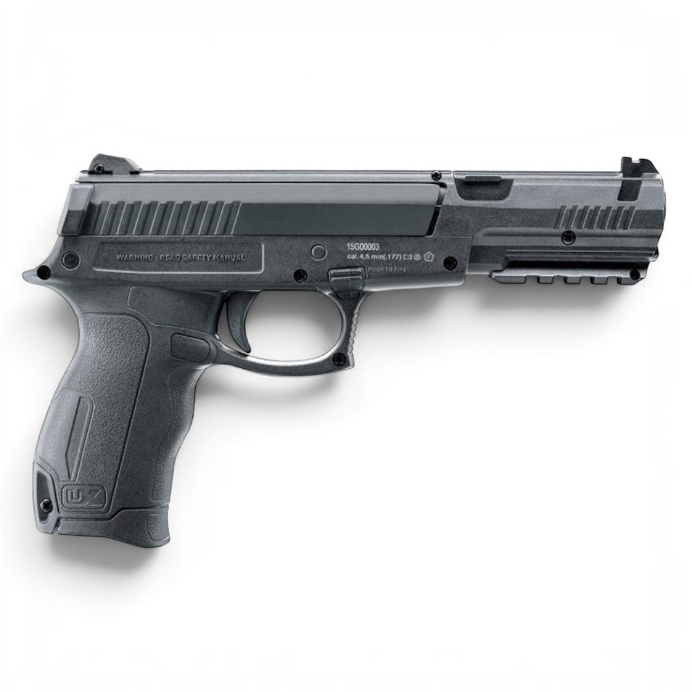 id-paintball UX DX17 Federdruck-Luftpistole in Schwarz mit Picatinny-Schiene und Fiberoptik-Visierung