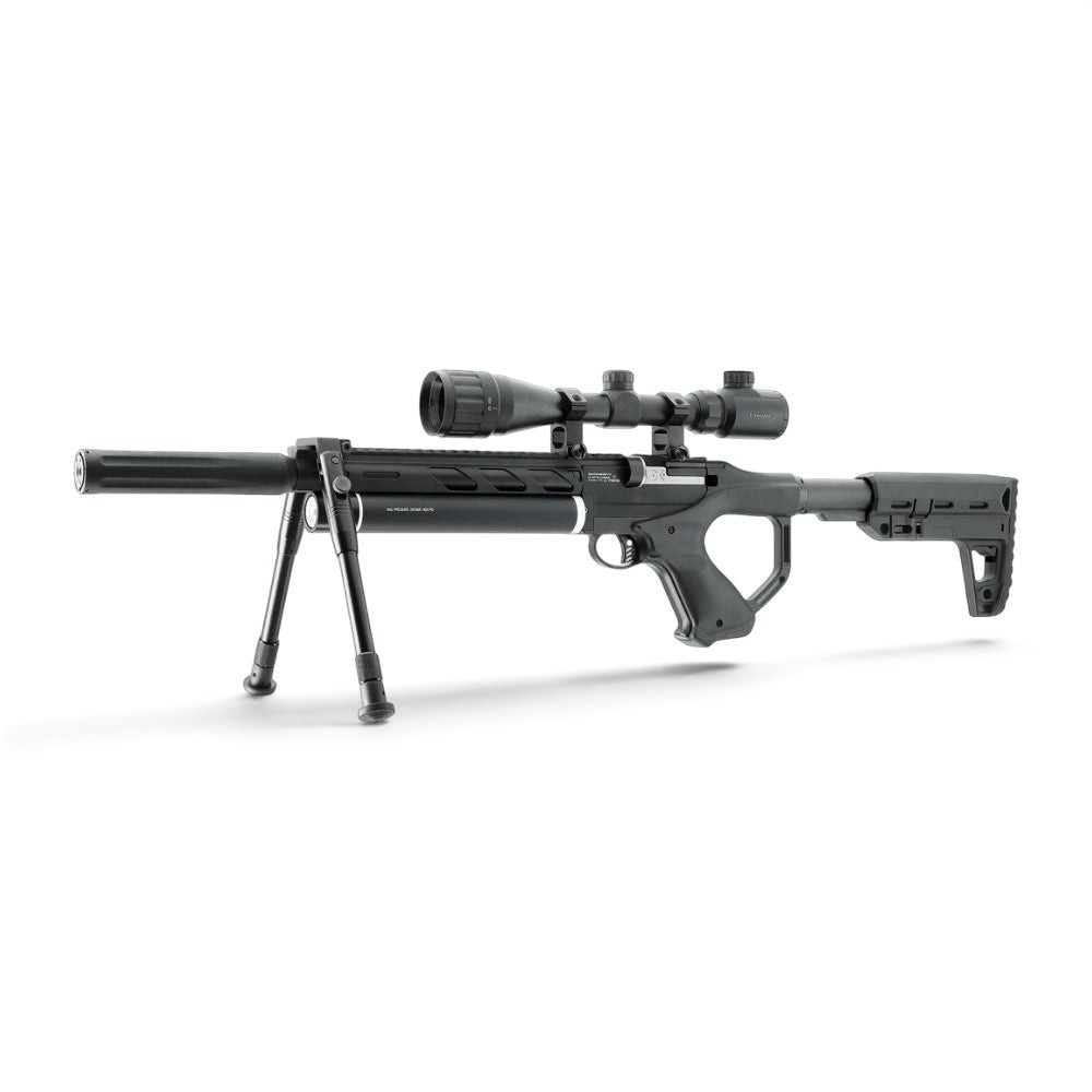 id-paintball UX Notos PCP Luftgewehr in Schwarz mit Zielfernrohr und Zweibein auf weißem Hintergrund