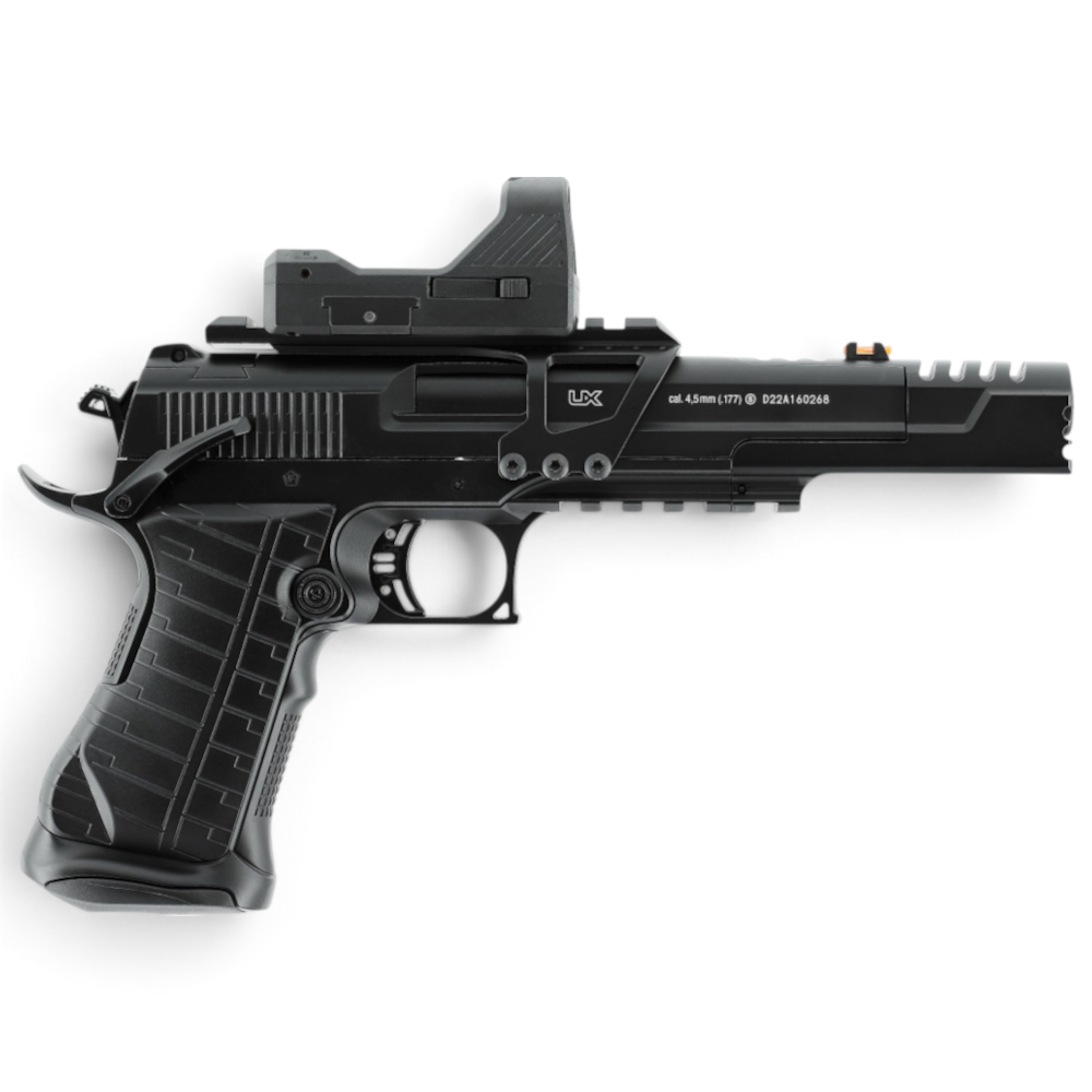id-paintball UX RaceGun CO2 Pistole in Schwarz mit montiertem GDS Point Sight und Kompensator für IPSC Sport