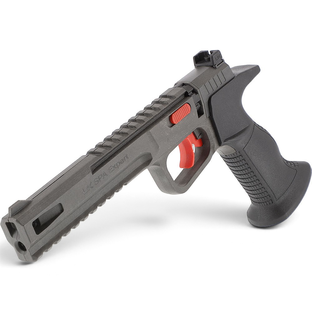 id-paintball UX SPA Expert CO2-Pistole in Grau mit rotem Abzug, Picatinny-Schienen und ergonomischem Griff