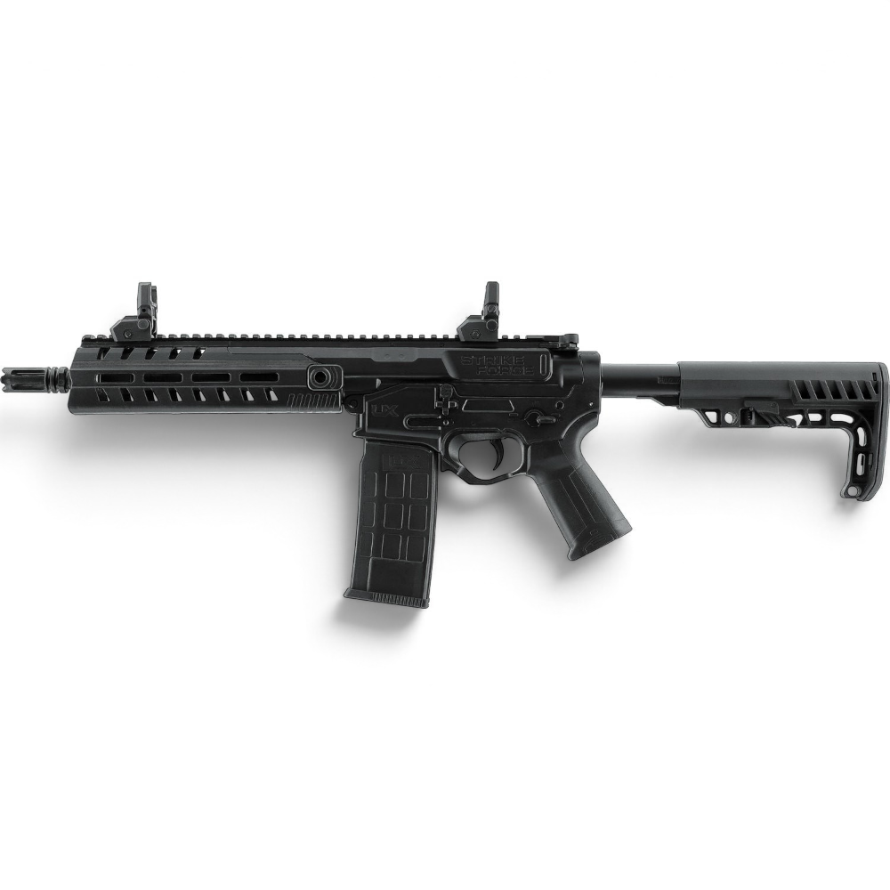 id-paintball UX Strike Force CO2-Sportgewehr in Schwarz mit AR-Design, M-LOK-Vorderschaft und verstellbarem Schubschaft.