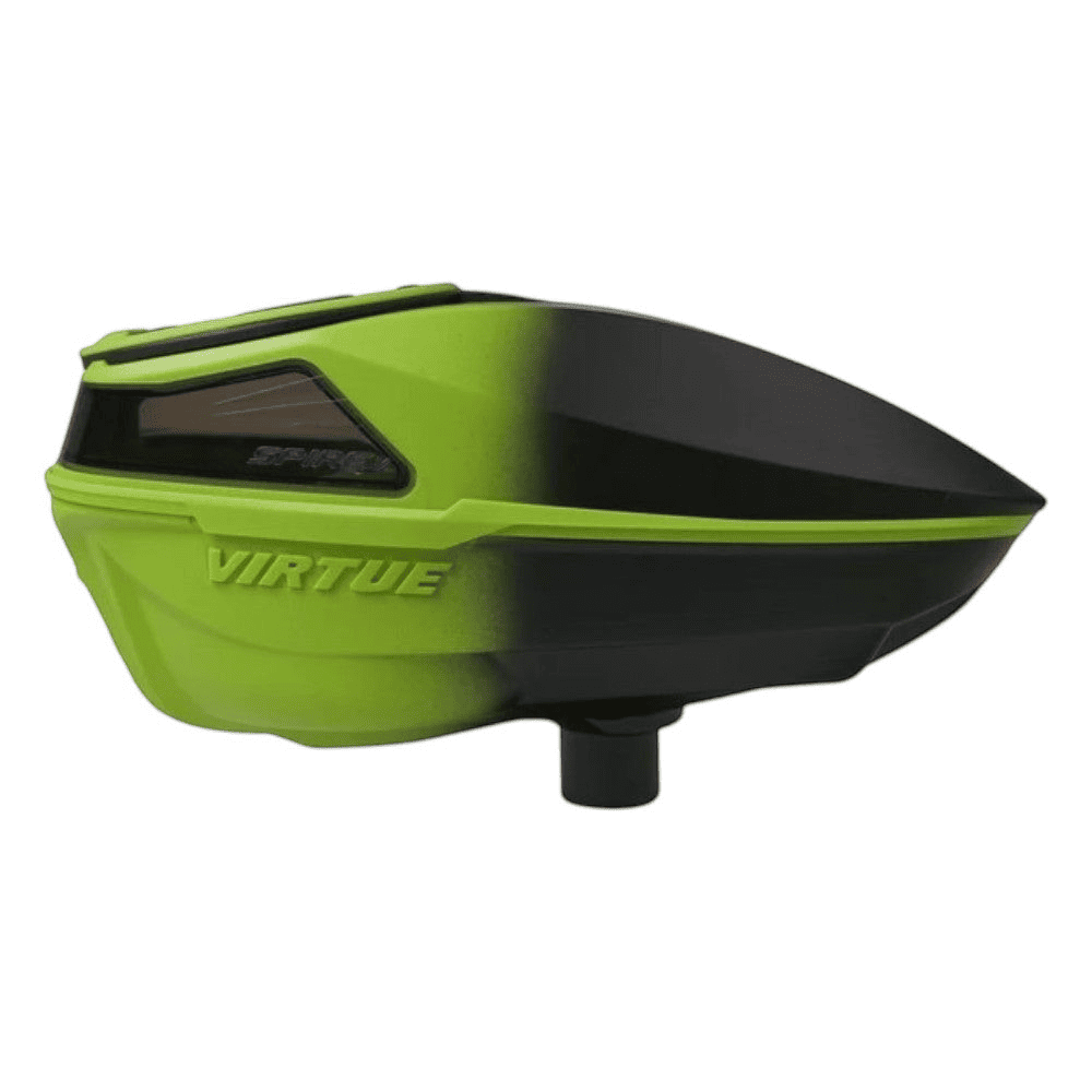 id-paintball Virtue Spire 5 Paintball Hopper in Acid Black Fade mit robustem, glasfaserverstärktem Nylon-Gehäuse.