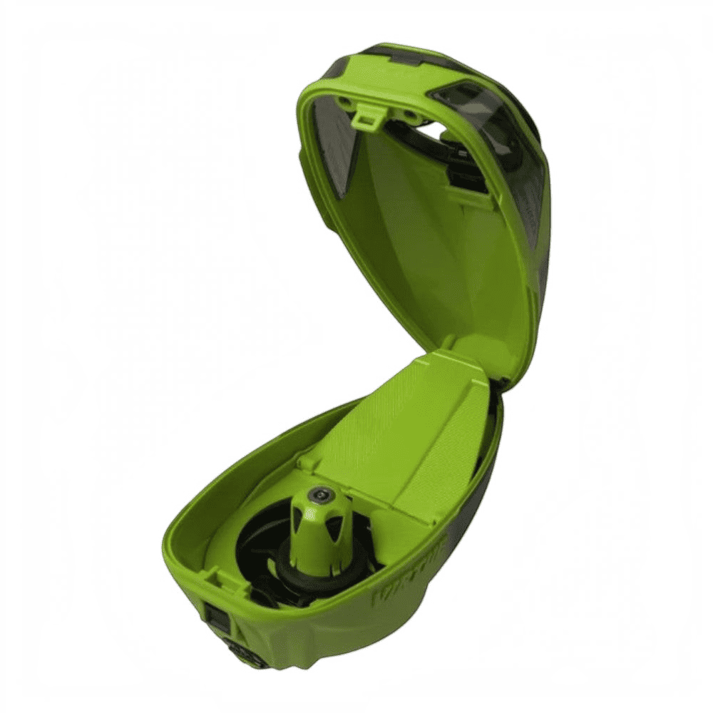 id-paintball Virtue Spire 5 Paintball Hopper in Acid Black Fade mit geöffneter Shell und internem Spire Drive