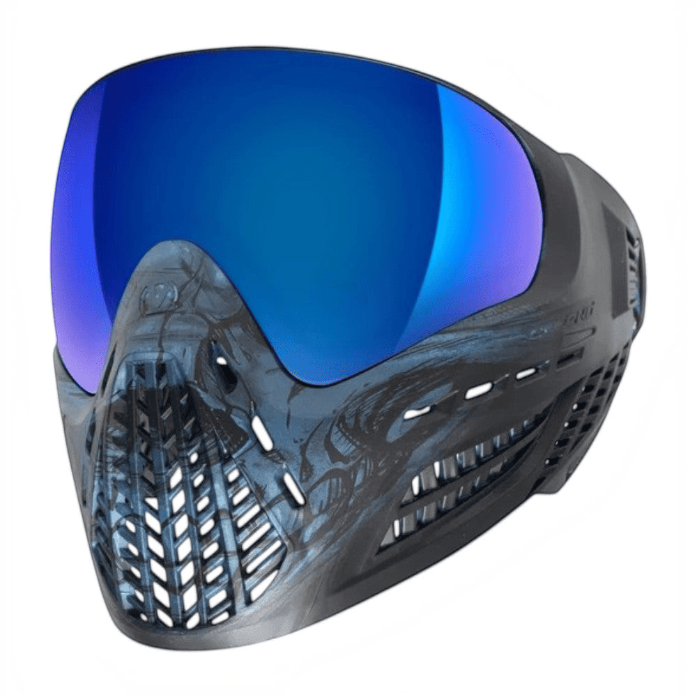 id-paintball Virtue VIO Ascend Paintball Maske in Cyan Skull Design mit blauem Thermal-Glas und flexibler Facemask