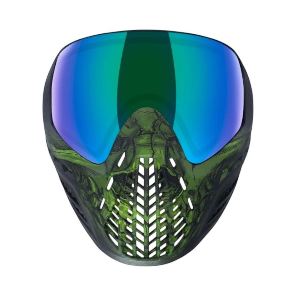 id-paintball Virtue VIO Ascend Paintball Maske mit grünem Acid Skull Design und blau-grünem Thermalglas