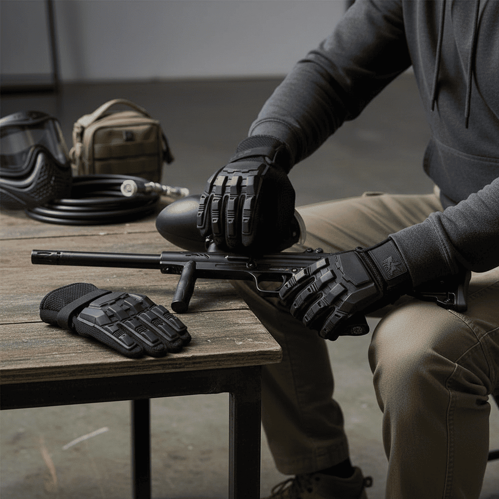 id-paintball Vollfingerhandschuhe in Schwarz mit Hartschalen-Protektoren auf dem Handrücken für Paintballspieler
