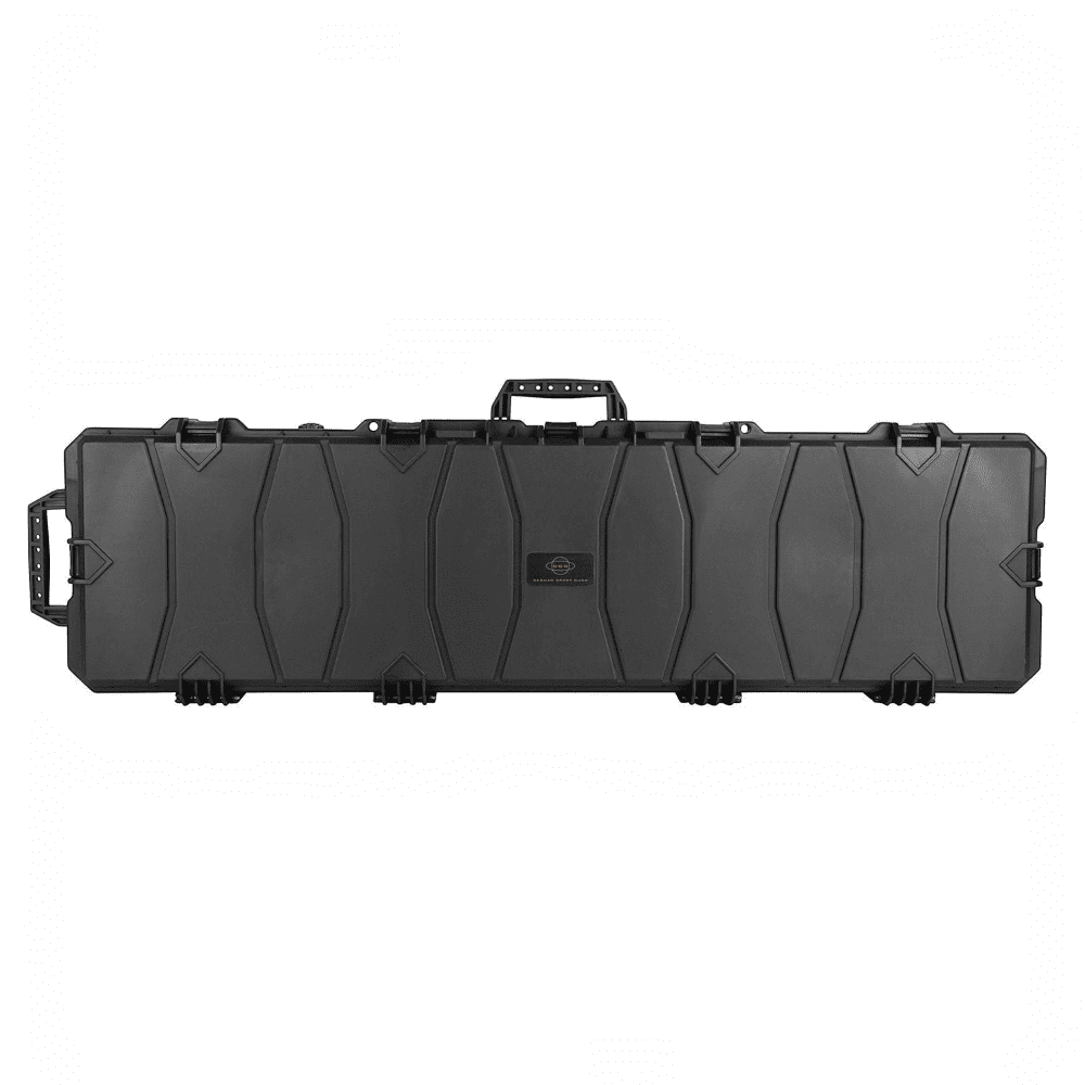 id-paintball Waffenkoffer XXL in Schwarz aus robustem Polymer mit Rollen und Schnappverschlüssen für den Transport