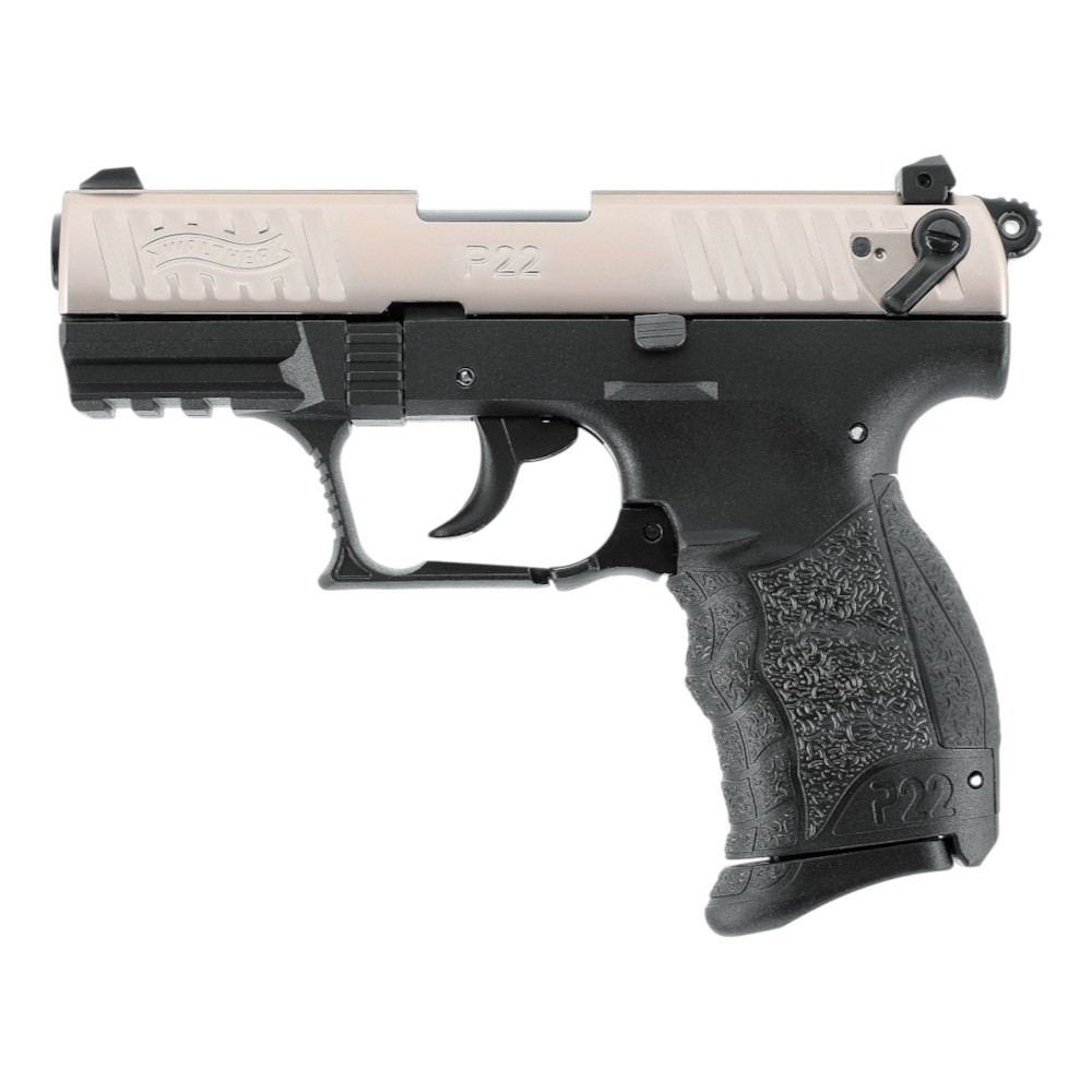 id-paintball Walther P22Q Schreckschusspistole in Nickel Edition mit schwarzem Griffstück und Picatinny-Schiene