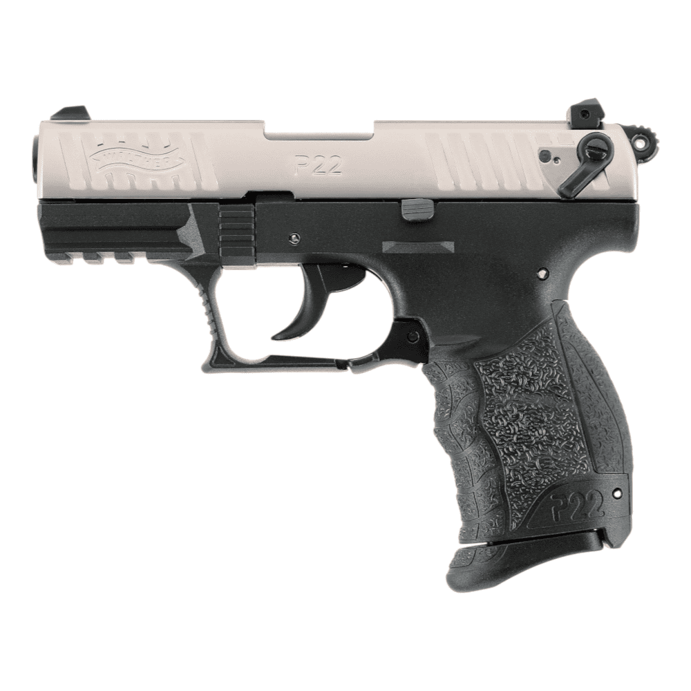 id-paintball Walther P22Q Schreckschusspistole in Nickel Edition mit schwarzem Griffstück und Picatinny-Schiene