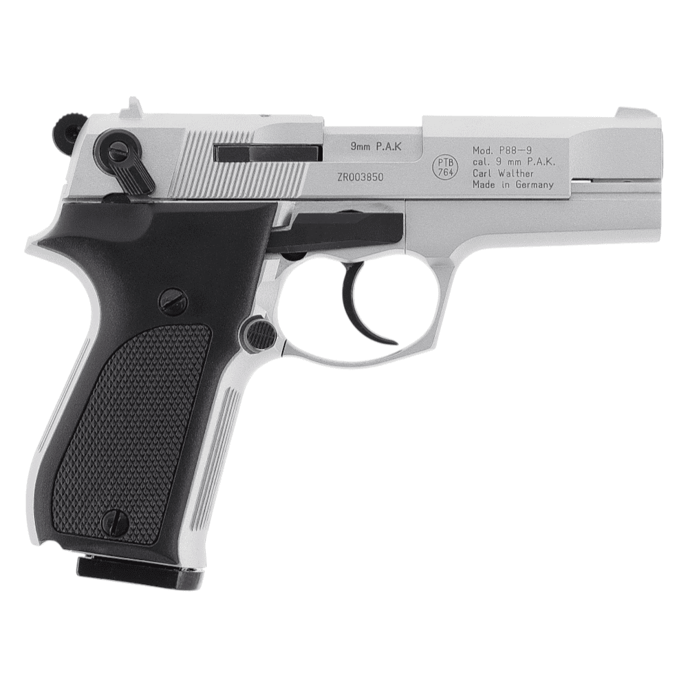 id-paintball Walther P88 Bicolor Nickel 9mm P.A.K. Schreckschusspistole mit schwarzen Kunststoffgriffschalen