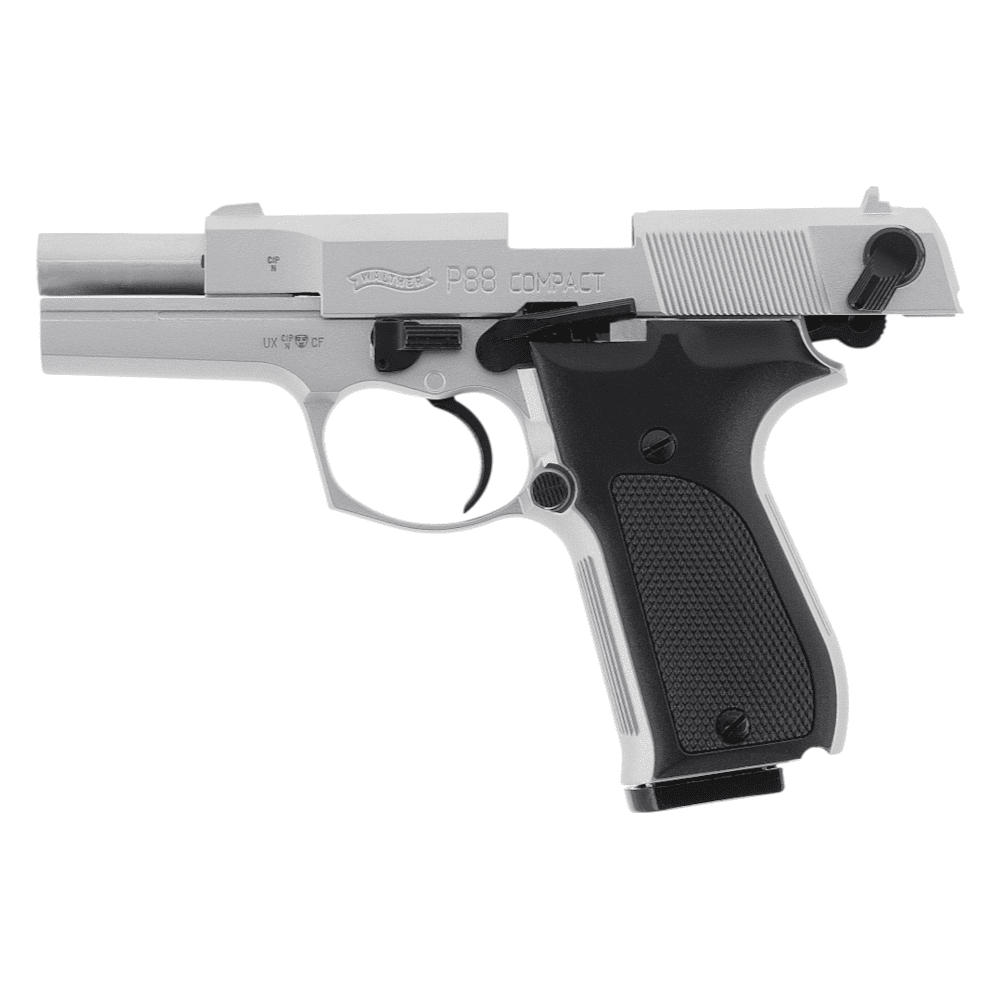 id-paintball Walther P88 Bicolor Nickel 9mm P.A.K. Schreckschusspistole mit schwarzen Kunststoffgriffschalen