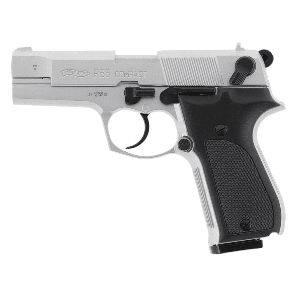 id-paintball Walther P88 Bicolor Nickel 9mm P.A.K. Schreckschusspistole mit schwarzen Kunststoffgriffschalen
