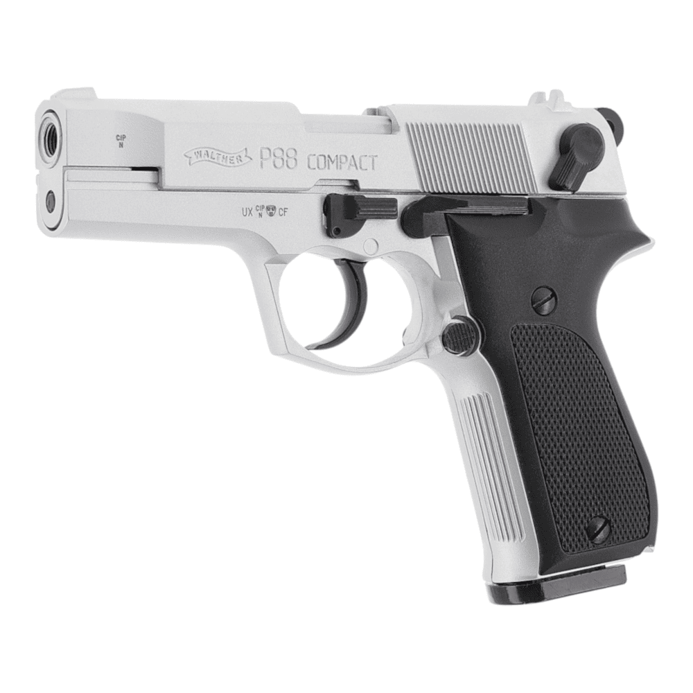 id-paintball Walther P88 Bicolor Nickel 9mm P.A.K. Schreckschusspistole mit schwarzen Kunststoffgriffschalen