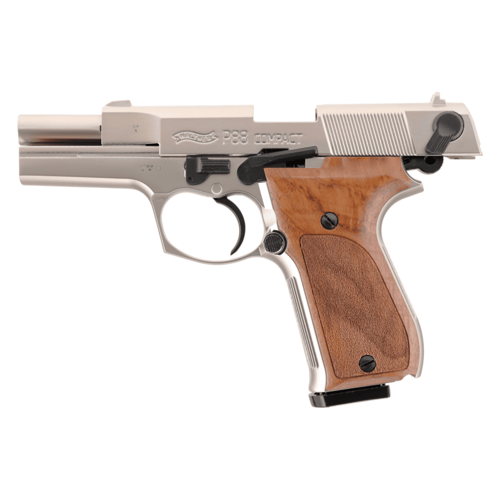 id-paintball Walther P88 Schreckschusspistole mit vernickeltem Finish und edlen Holzgriffschalen im Profil
