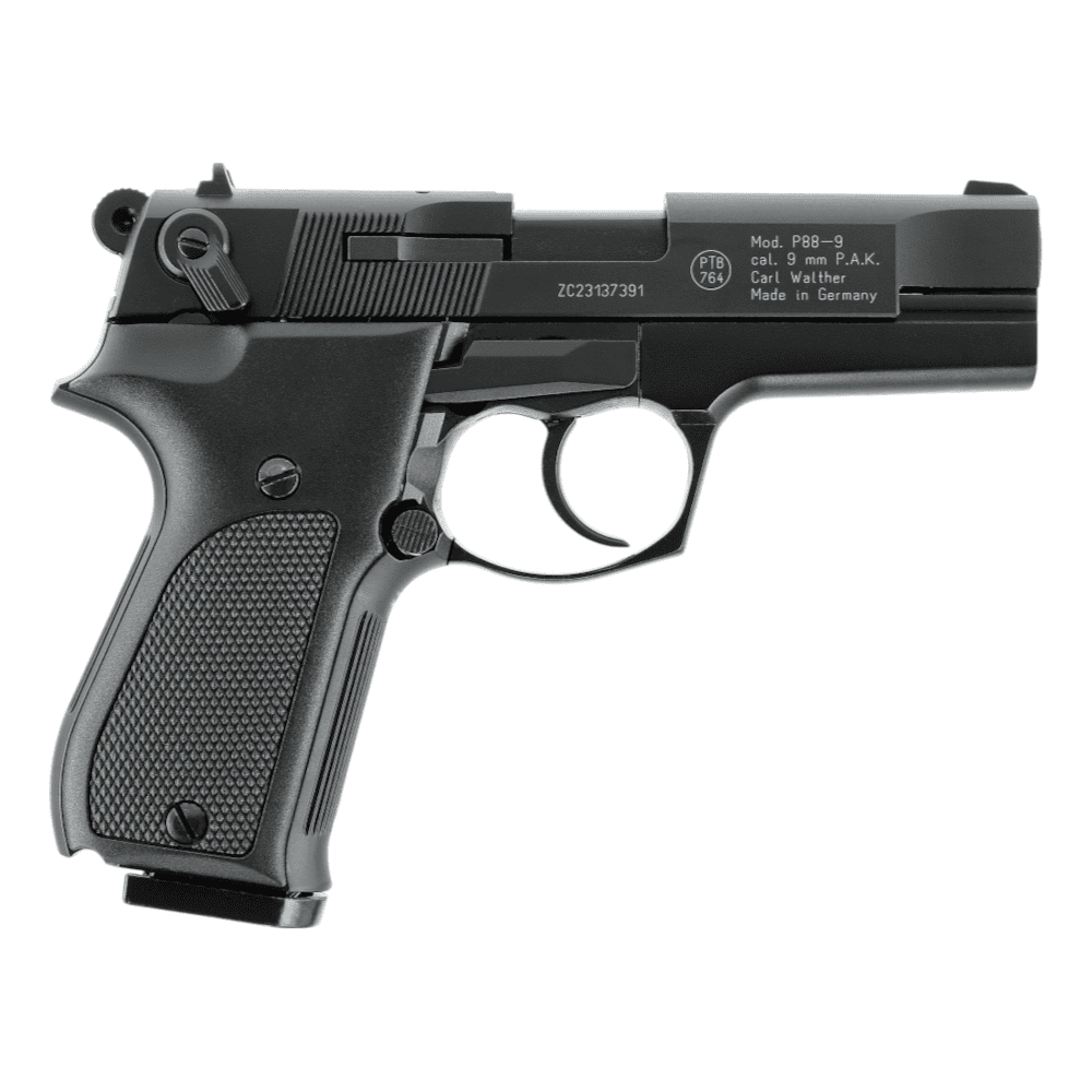 id-paintball Walther P88 Schreckschusswaffe in Schwarz mit 9 mm PAK Kaliber und ergonomischen Kunststoffgriffschalen