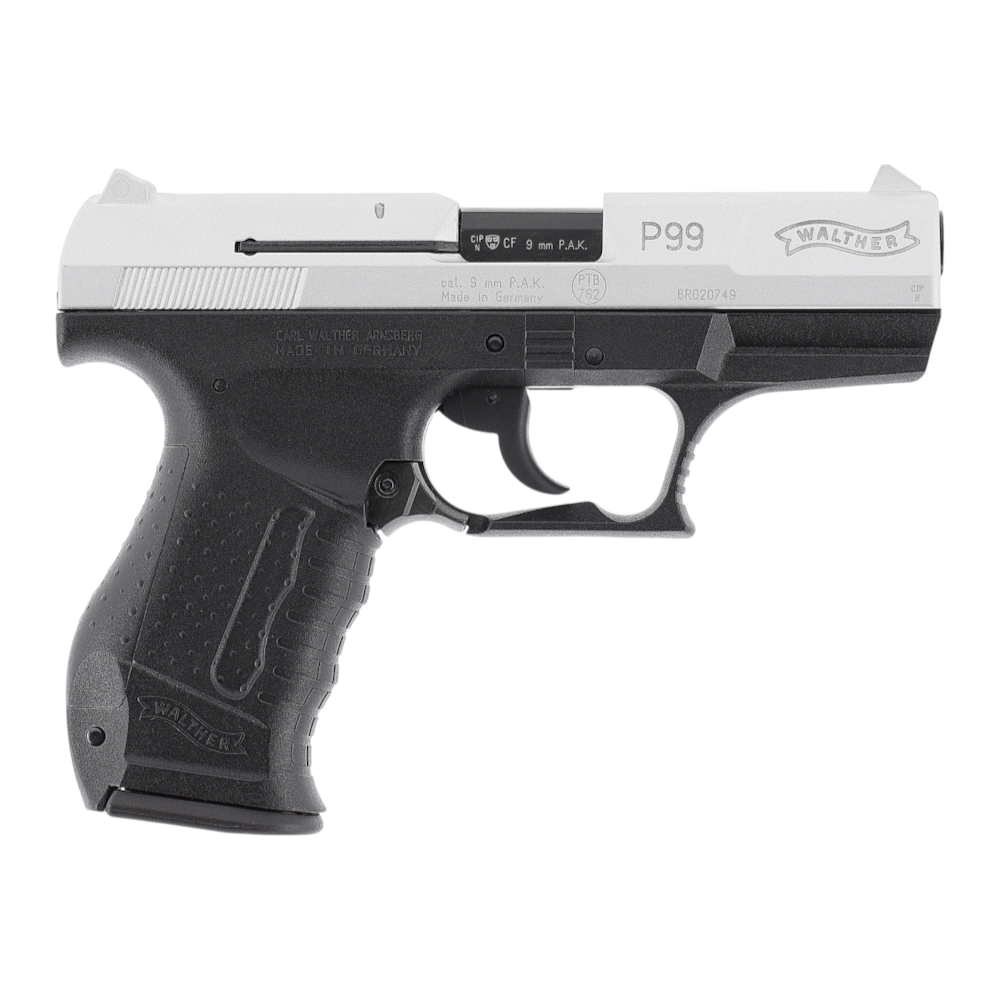 id-paintball Walther P99 Schreckschusswaffe in Bicolor mit silbernem Schlitten und schwarzem Polymer-Griffstück