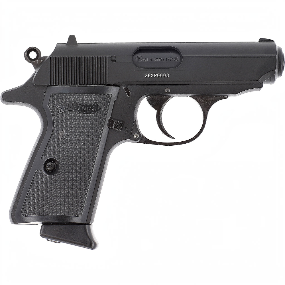 id-paintball Walther PPK/S CO2-Luftpistole in Schwarz aus Vollmetall mit Blowback-System im Kaliber 4,5 mm Stahl-BB