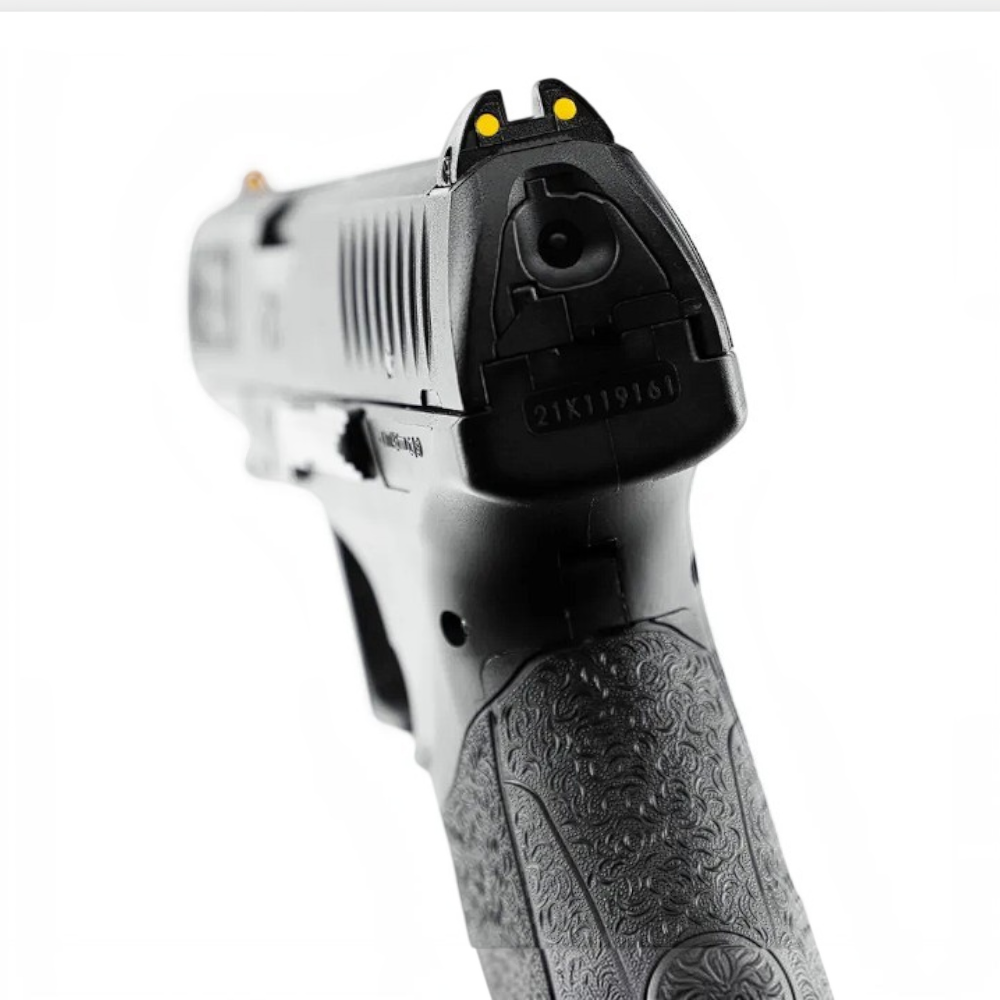id-paintball Walther PPQ CO2-Pistole Rückansicht mit HI-GRIP-Griffstruktur und Visierung