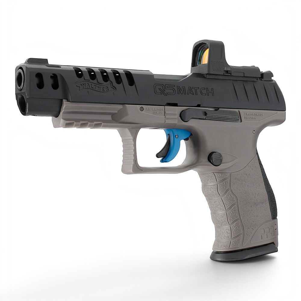 id-paintball Walther Q5 Match Combo CO2-Pistole in Tungsten Gray mit RDS 8 Leuchtpunktvisier und blauem Abzug