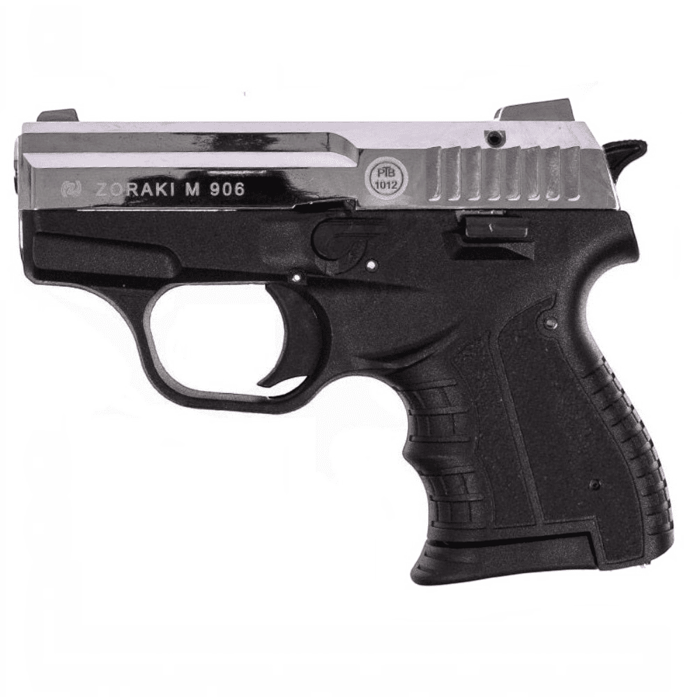id-paintball Zoraki 906 Schreckschusspistole in Chrom und Schwarz mit ergonomischem Polymer-Griffstück