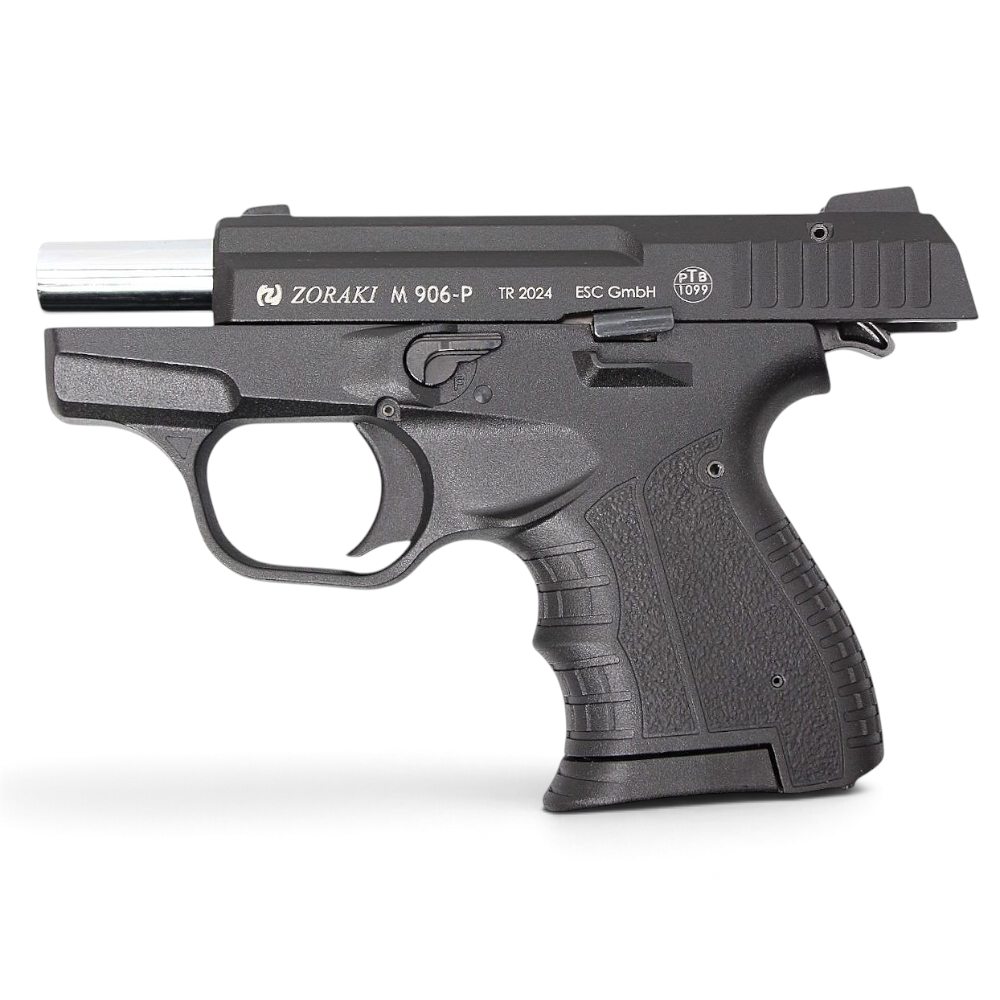 id-paintball Zoraki 906 Schreckschusspistole in Schwarz mit Chrom-Lauf, kompaktes Polymer-Griffstück, Seitenansicht