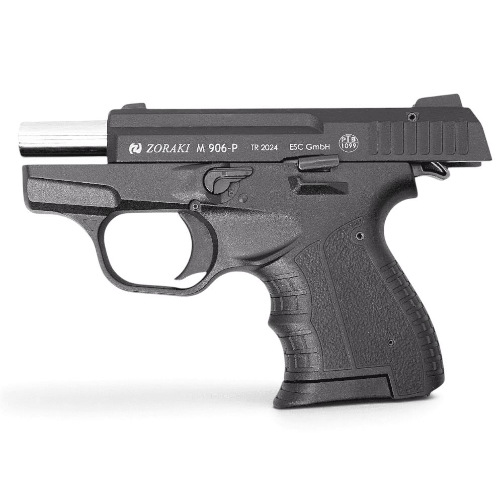 id-paintball Zoraki 906 Schreckschusspistole in Schwarz mit Chrom-Lauf, kompaktes Polymer-Griffstück, Seitenansicht