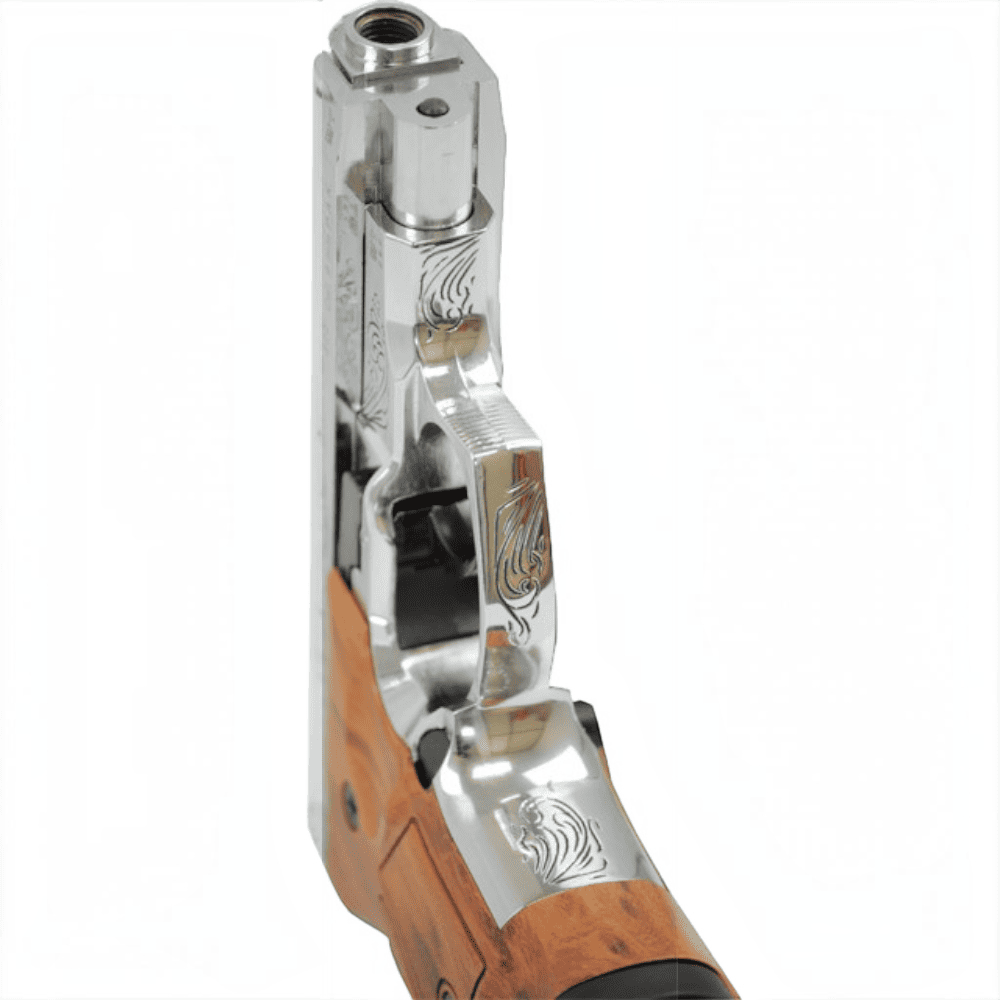id-paintball Zoraki 914 Schreckschusspistole in Chrom mit aufwendiger Gravur und braunem Holzgriffstück