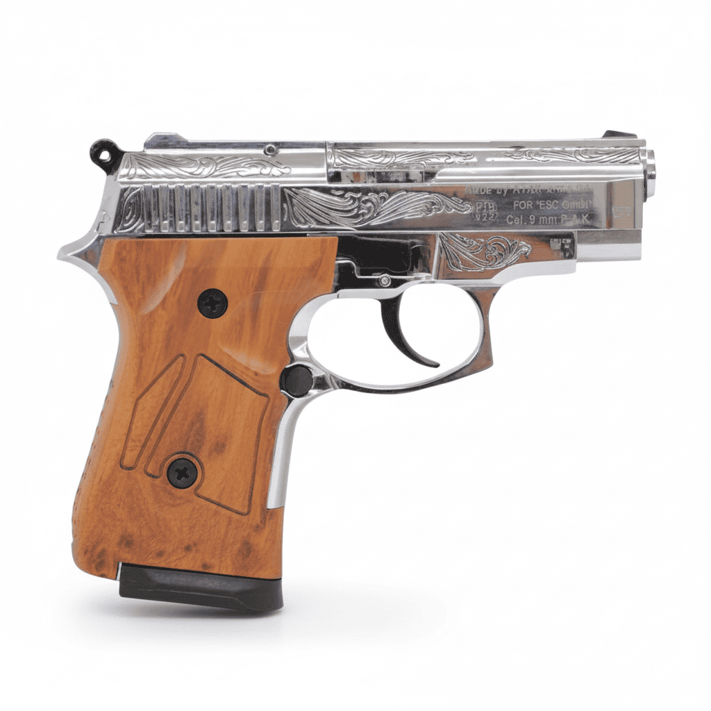 id-paintball Zoraki 914 Schreckschusspistole in Chrom mit aufwendiger Gravur und hellen Holzgriffschalen