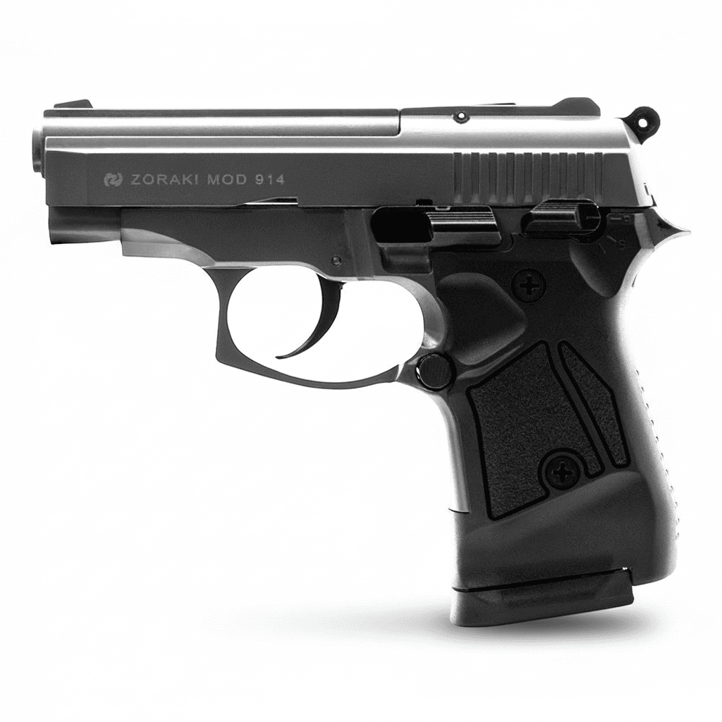 id-paintball Zoraki 914 Titan Schreckschusspistole in 9mm PAK mit schwarzem Griffstück und metallischem Finish