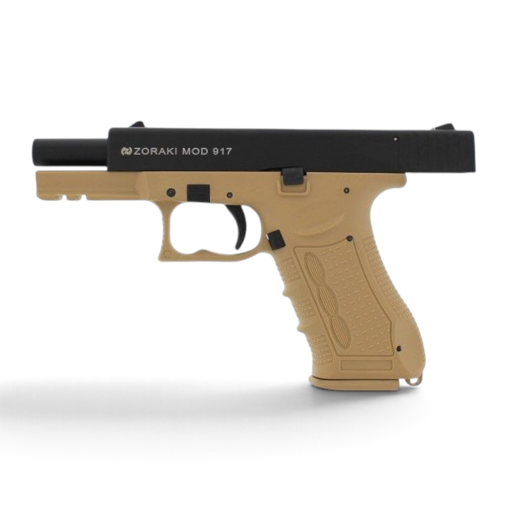 id-paintball Zoraki 917 Desert Gas- und Signalpistole in Tan mit schwarzem Schlitten und Polymer-Griffstück