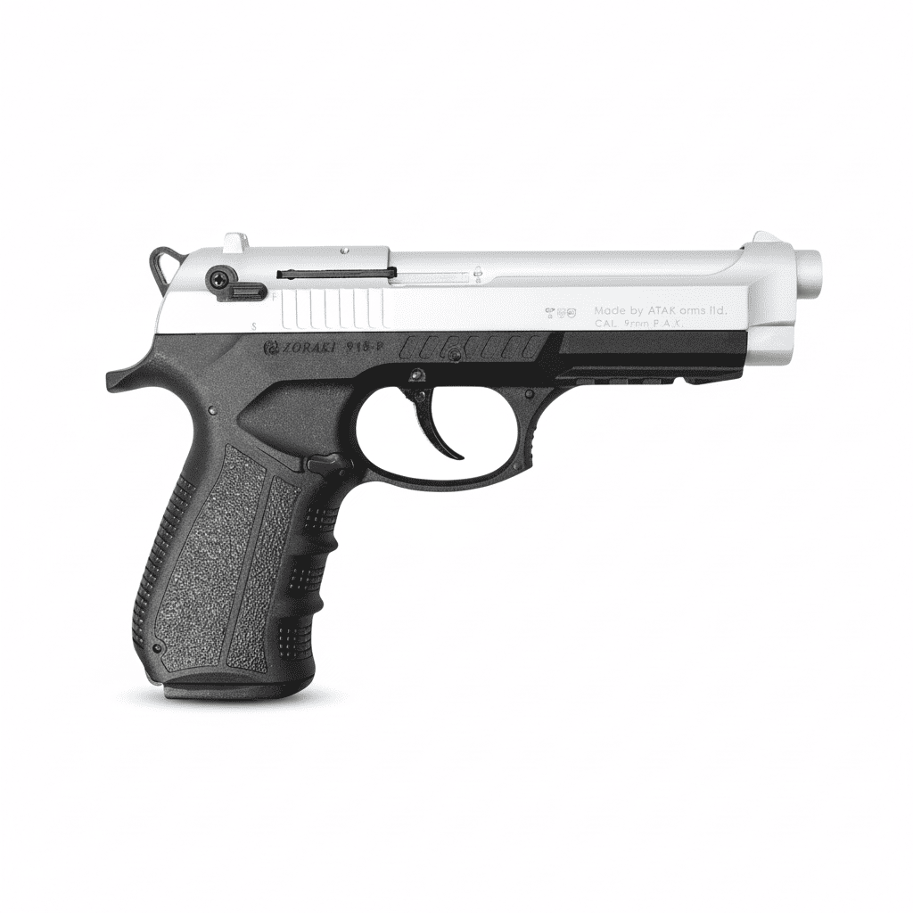 id-paintball Zoraki 918 Schreckschusspistole in mattem Chrom und Schwarz mit Metallschlitten und Kunststoffgriff