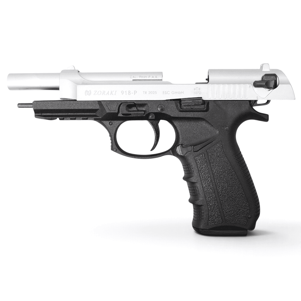 id-paintball Zoraki 918 Schreckschusspistole in mattem Chrom und Schwarz mit Metallschlitten und Kunststoffgriff