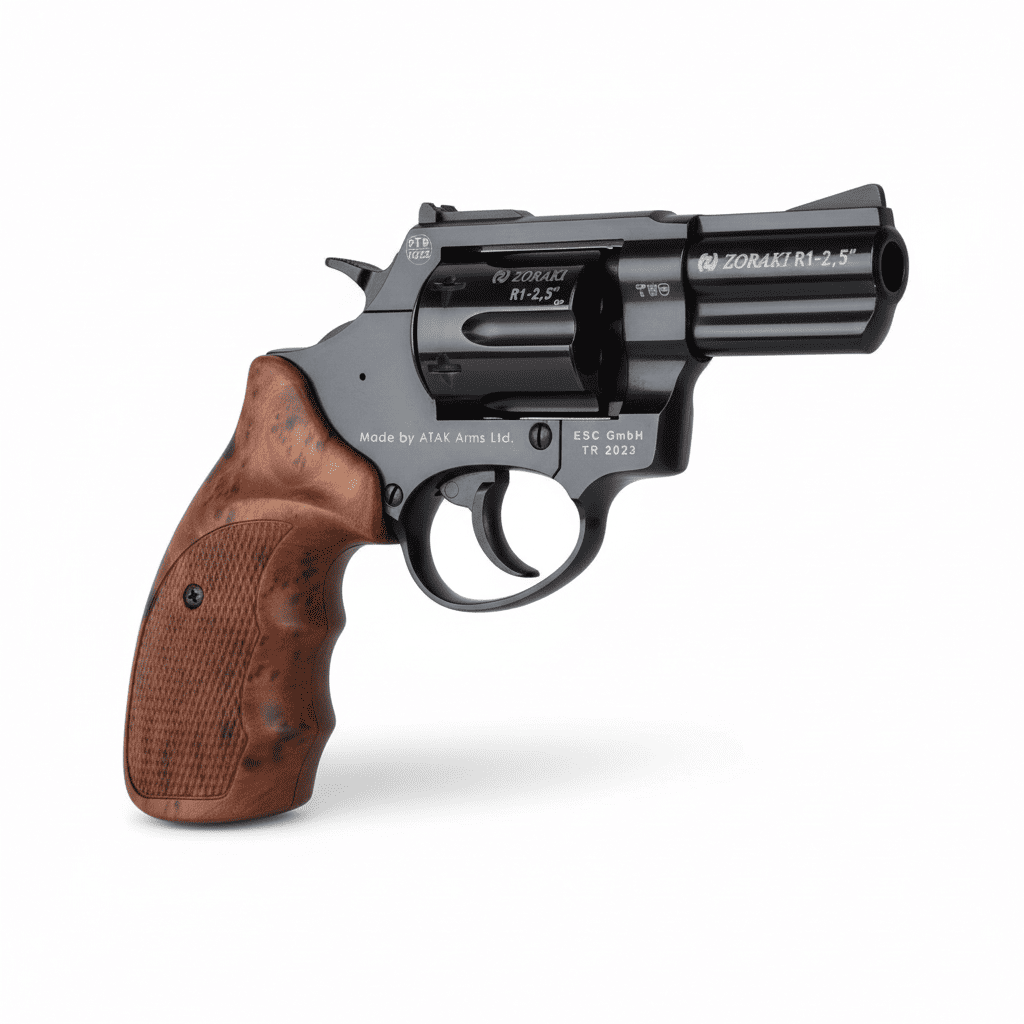 id-paintball Zoraki R1 Shiny 2,5 Zoll Schreckschussrevolver in Schwarz mit eleganten Griffschalen in Holzoptik