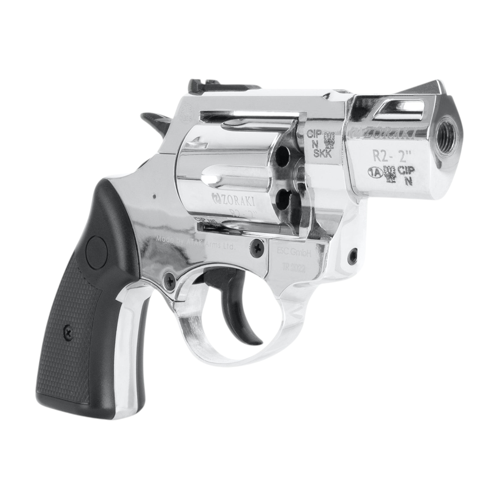 id-paintball Zoraki R2 Schreckschussrevolver in Chrom mit schwarzem Griff und 2-Zoll-Lauf auf weißem Hintergrund