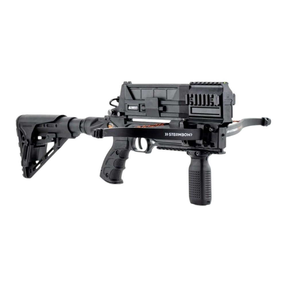 Steambow M10 Tactical Armbrust aus schwarzem Polymer mit Schnellwechsel-Wurfarm und vertikalem Vordergriff
