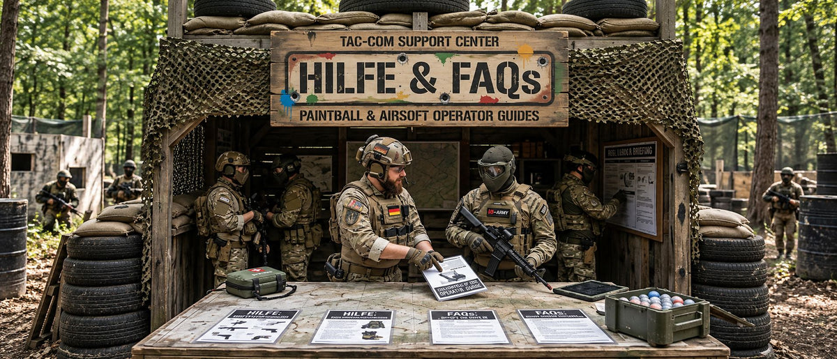Support- und FAQ-Bereich für Paintball und Airsoft mit Spielern an einem Infostand im Wald