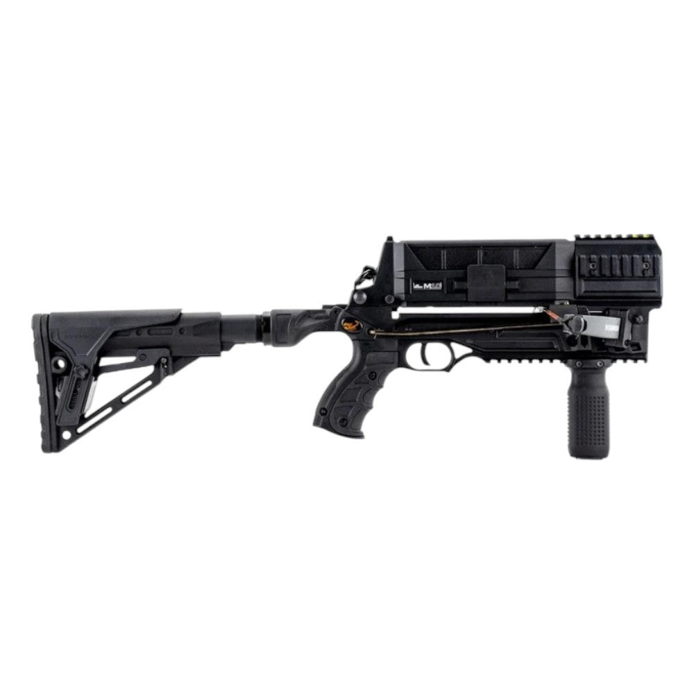 Schwarze Steambow M10 Tactical Armbrust aus Polymer mit Schnellwechsel-Wurfarm und verstellbarem Hinterschaft