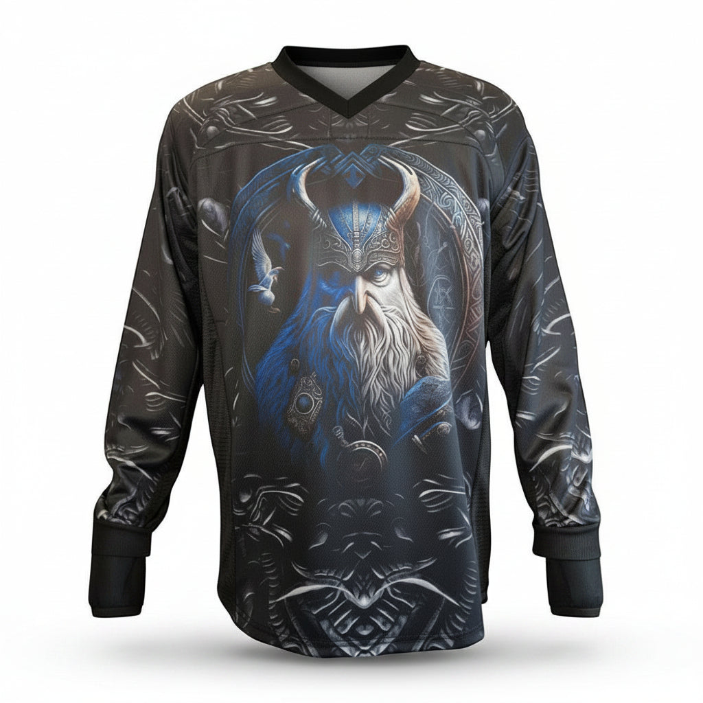 Custom Wiking Jersey in Grau, Blau und Weiß mit gepolsterten Bereichen und integrierten Handschlaufen.