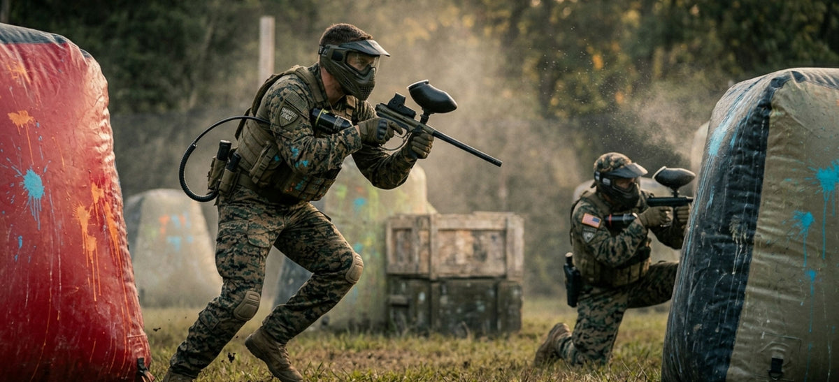 Paintball-Ausrüstung für Woodland und MagFed Paintball mit Markierer, Maske und taktischem Zubehör.