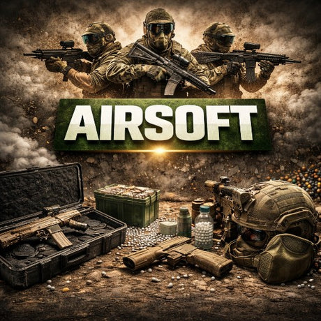 Airsoft-Spieler mit taktischer Ausrüstung sowie Airsoft-Markierern und Zubehör.