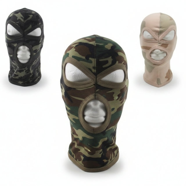 Lightweight 3-hole Camo Balaclava made from 100% cotton for paintball, airsoft and outdoor use under helmets or protective masks.