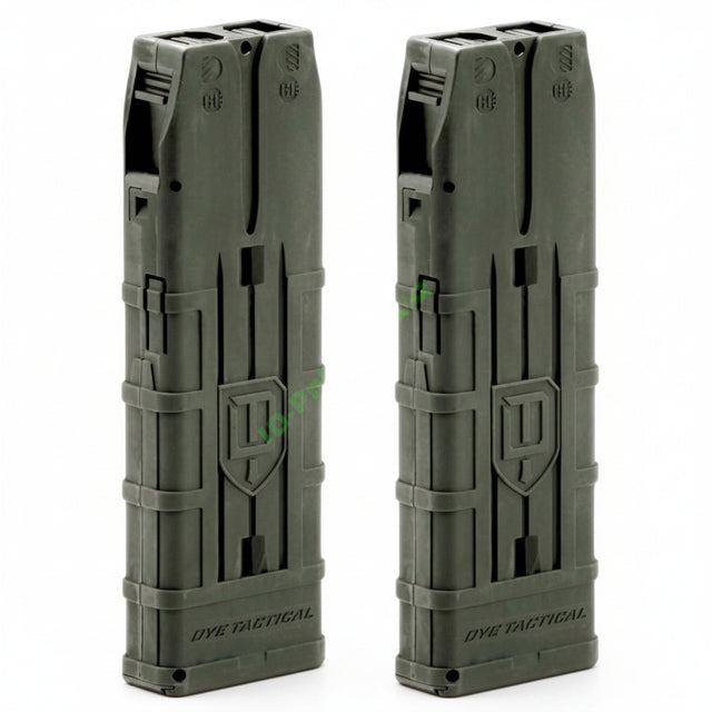 Dye DAM 20-Ball Magazin 2er Set Oliv für .68 Paintball, robust und passend für Dye Assault Matrix.