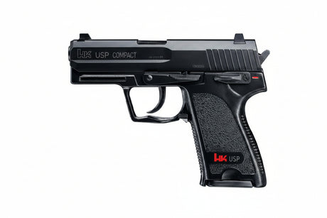Heckler & Koch USP Compact 0,5J Airsoft Pistole mit Metalllauf und 12 Schuss Magazin im kompakten Design.