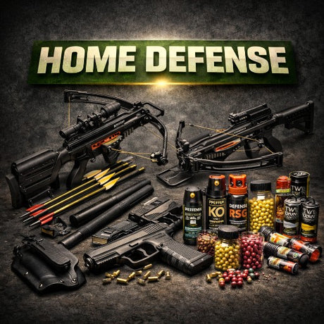 Grafik zum Thema Home Defense mit Selbstschutz- und Abwehrausrüstung sowie Zubehör.