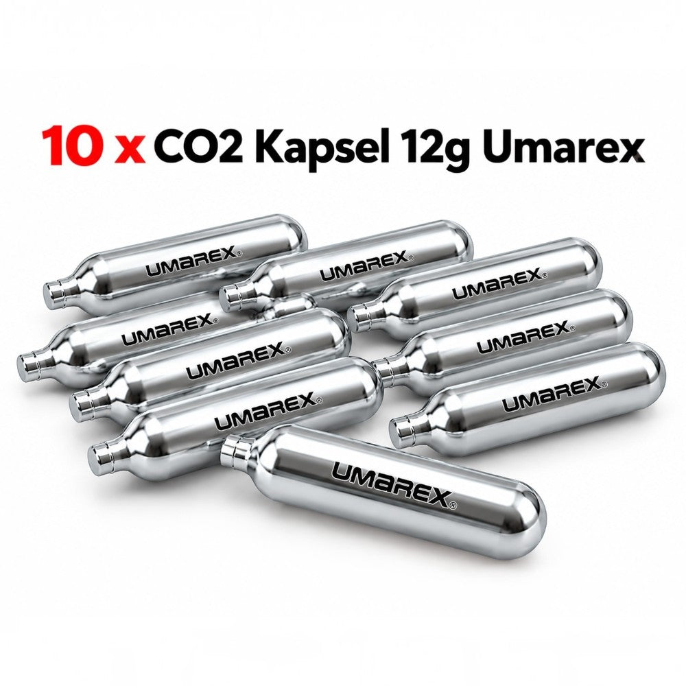 id-paintball 10er Set Umarex 12g CO2-Kapseln aus silbernem Metall für CO2-Waffen vor weißem Hintergrund